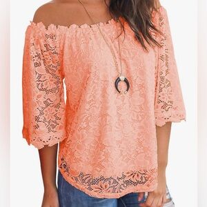 MIHOLL Peach Women's Lace Off Shoulder Top Casual Loose Blouse Shirt, Size M